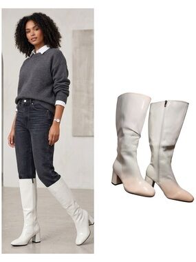 Chic White Knee-High Boots - Square Toe Block Heel - Size 37